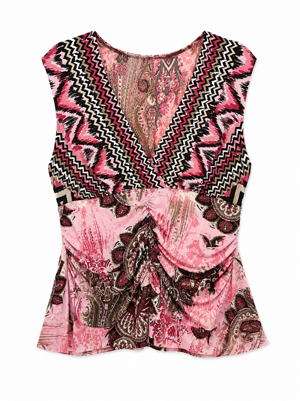 Bisou Bisou Pink Patterned Faux-Wrap Sleeveless Top
